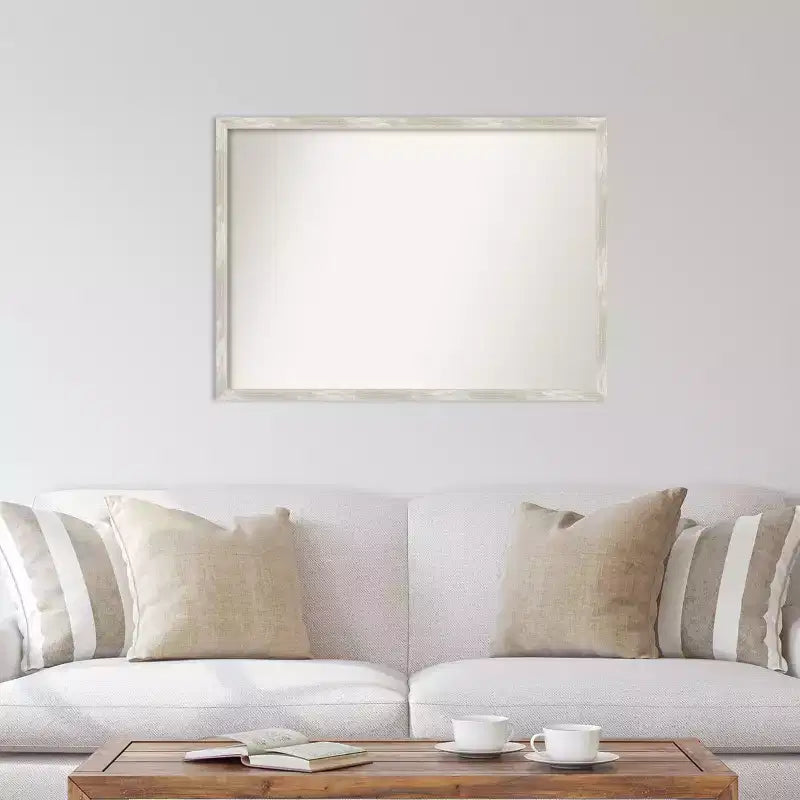 Espejo de pared rectangular, marco metálico plateado craquelado, 40"An x 29"Al, acabado mate desgastado