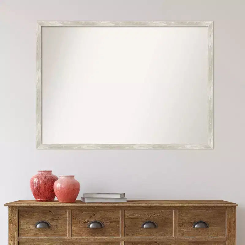 Espejo de pared rectangular, marco metálico plateado craquelado, 40"An x 29"Al, acabado mate desgastado