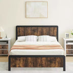 Estructura de cama con cabecero y piecero curvos de madera, soporte de lamas metálicas, almacenamiento bajo la cama, esquinas redondeadas seguras, gris