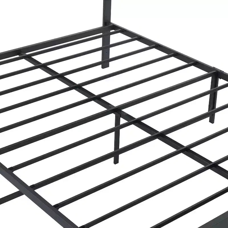 Estructura de cama con cabecero y piecero curvos de madera, soporte de lamas metálicas, almacenamiento bajo la cama, esquinas redondeadas seguras, gris