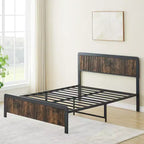Estructura de cama con cabecero y piecero curvos de madera, soporte de lamas metálicas, almacenamiento bajo la cama, esquinas redondeadas seguras, gris