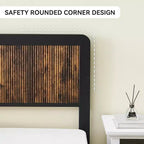Estructura de cama con cabecero y piecero curvos de madera, soporte de lamas metálicas, almacenamiento bajo la cama, esquinas redondeadas seguras, gris