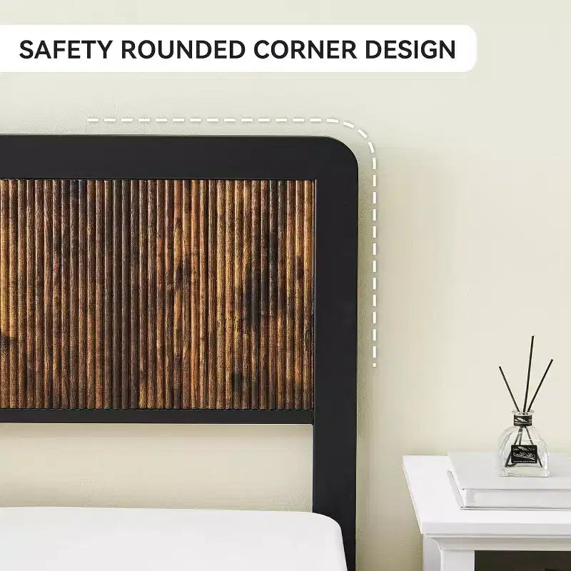 Estructura de cama con cabecero y piecero curvos de madera, soporte de lamas metálicas, almacenamiento bajo la cama, esquinas redondeadas seguras, gris