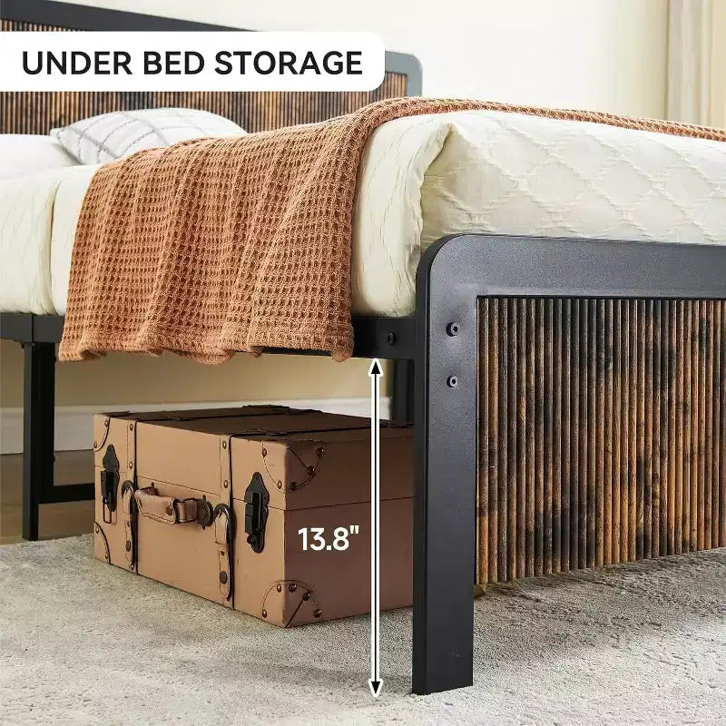 Estructura de cama con cabecero y piecero curvos de madera, soporte de lamas metálicas, almacenamiento bajo la cama, esquinas redondeadas seguras, gris
