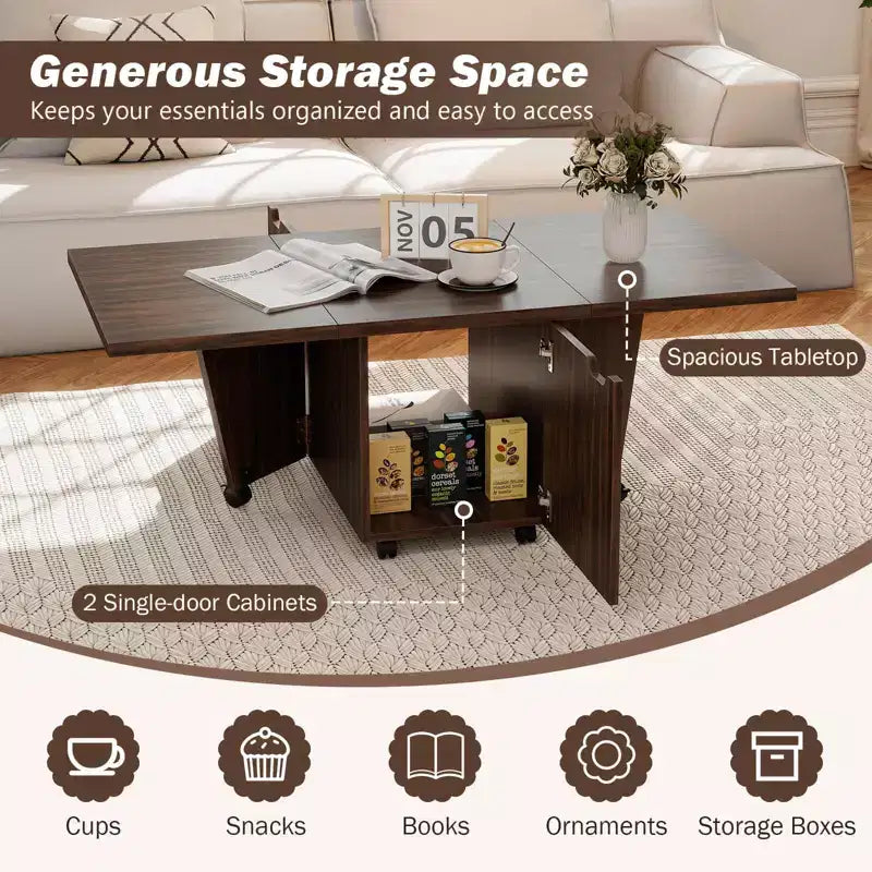 Mesa de centro plegable 48 Mesa central extensible con armarios de almacenamiento y ruedas Roble/Nogal/Marrón