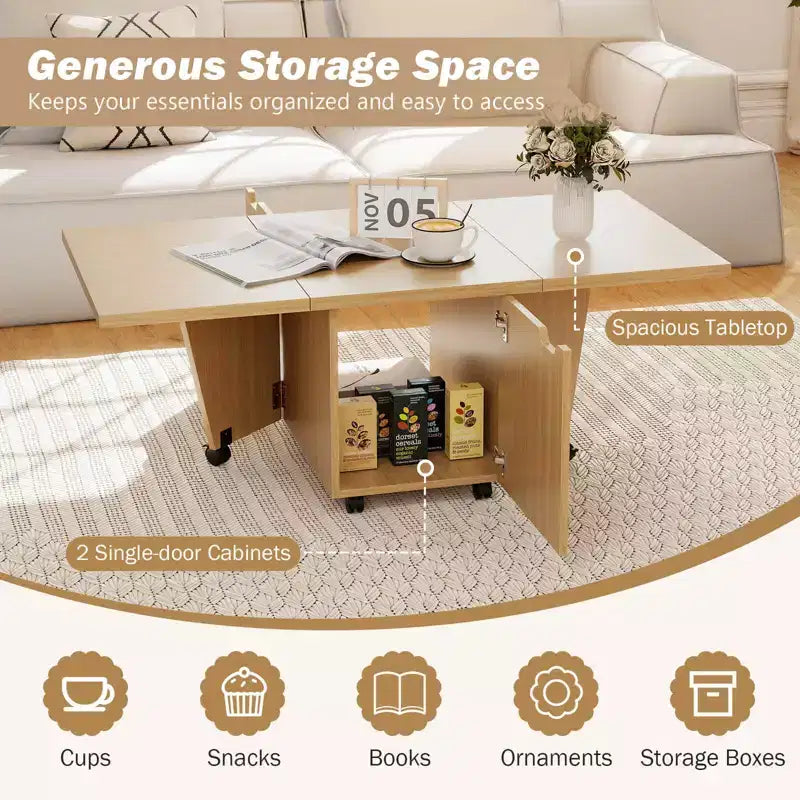 Mesa de centro plegable 48 Mesa central extensible con armarios de almacenamiento y ruedas Roble/Nogal/Marrón