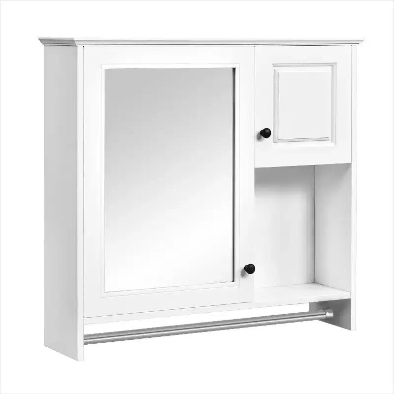 Armario de medicinas rectangular de MDF de 30 pulg. An. x 27 pulg. Al. con espejo, estantes ajustables y barra para toallas, blanco