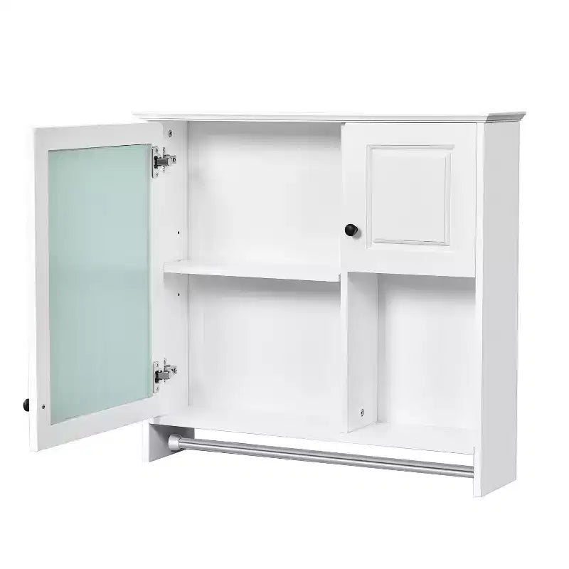 Armario de medicinas rectangular de MDF de 30 pulg. An. x 27 pulg. Al. con espejo, estantes ajustables y barra para toallas, blanco
