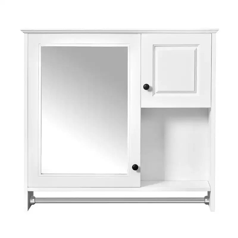 Armario de medicinas rectangular de MDF de 30 pulg. An. x 27 pulg. Al. con espejo, estantes ajustables y barra para toallas, blanco