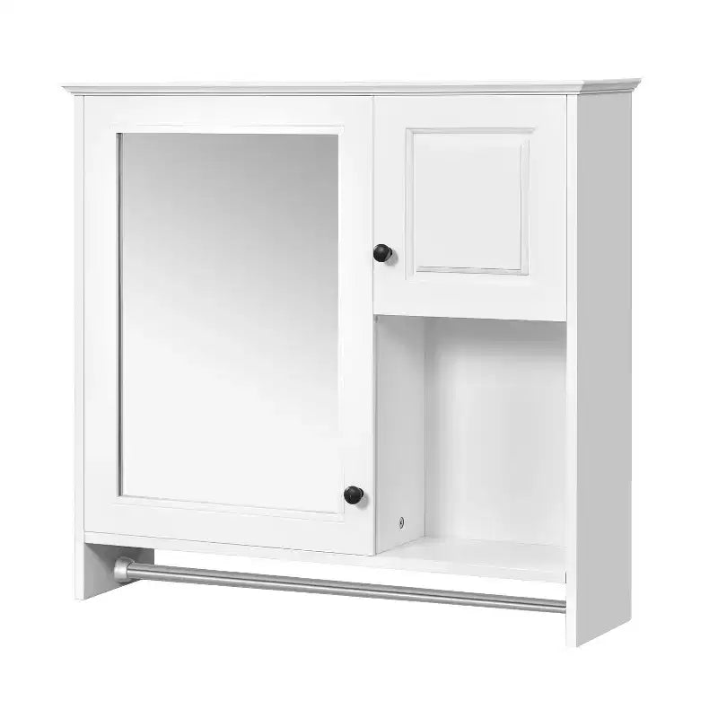 Armario de medicinas rectangular de MDF de 30 pulg. An. x 27 pulg. Al. con espejo, estantes ajustables y barra para toallas, blanco