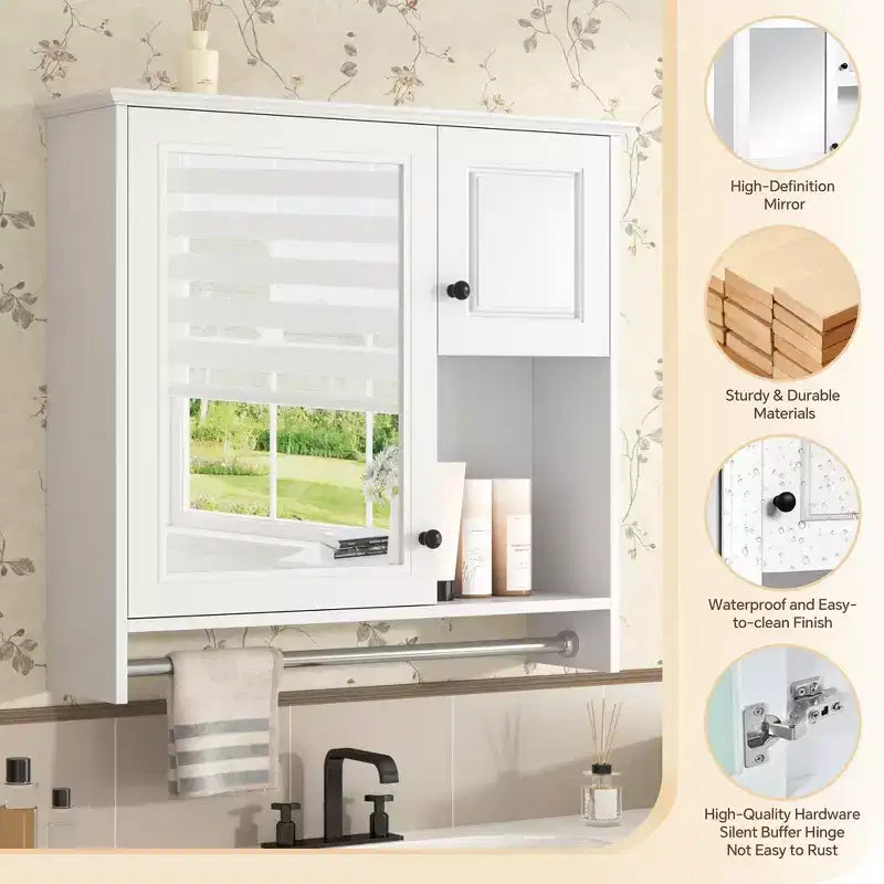 Armario de medicinas rectangular de MDF de 30 pulg. An. x 27 pulg. Al. con espejo, estantes ajustables y barra para toallas, blanco
