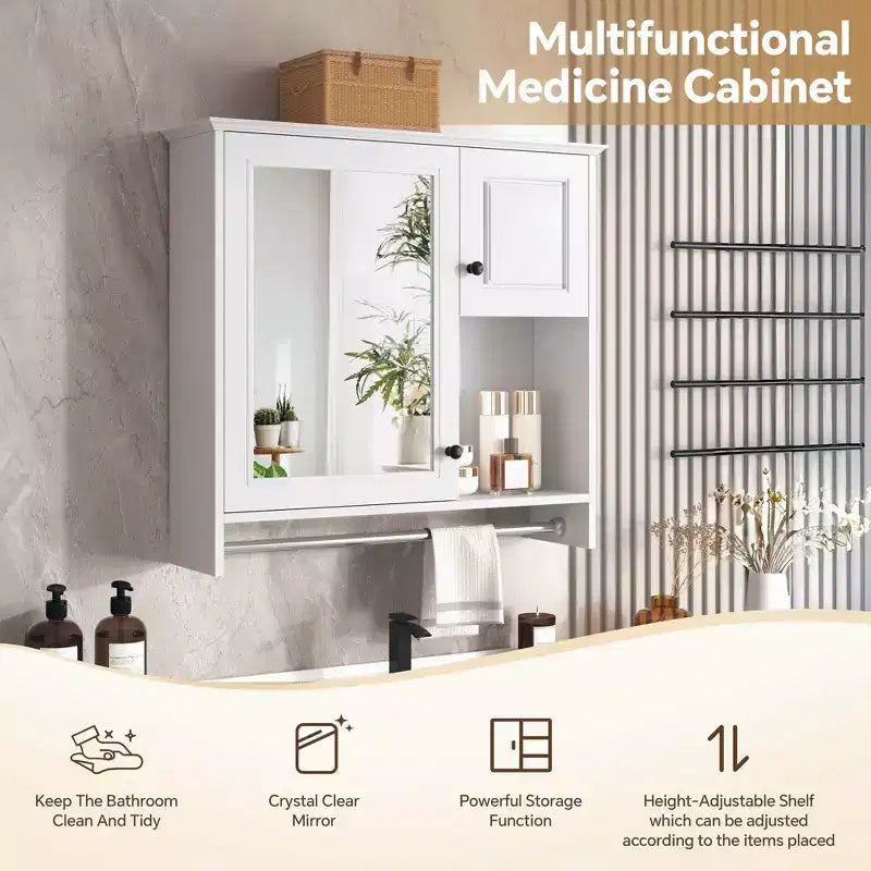 Armario de medicinas rectangular de MDF de 30 pulg. An. x 27 pulg. Al. con espejo, estantes ajustables y barra para toallas, blanco
