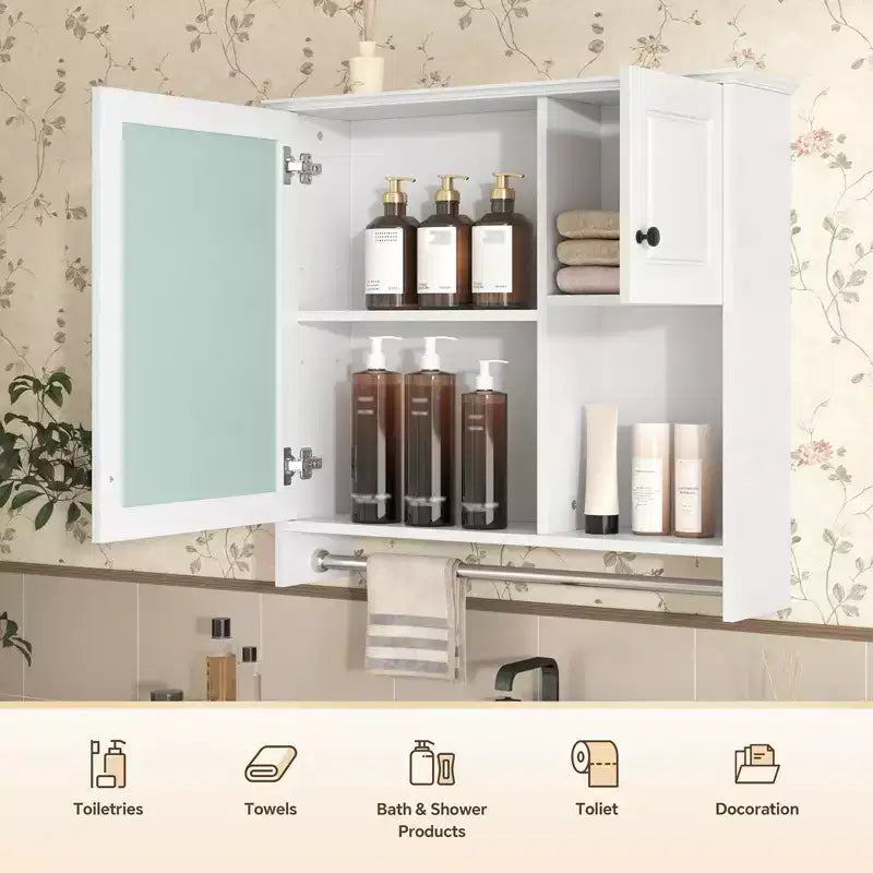 Armario de medicinas rectangular de MDF de 30 pulg. An. x 27 pulg. Al. con espejo, estantes ajustables y barra para toallas, blanco