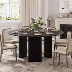 Mesa de comedor redonda moderna de 60" con patas de columna a rayas, mesa de cocina de madera maciza, almohadillas antiarañazos para comedor y barra de cocina en negro
