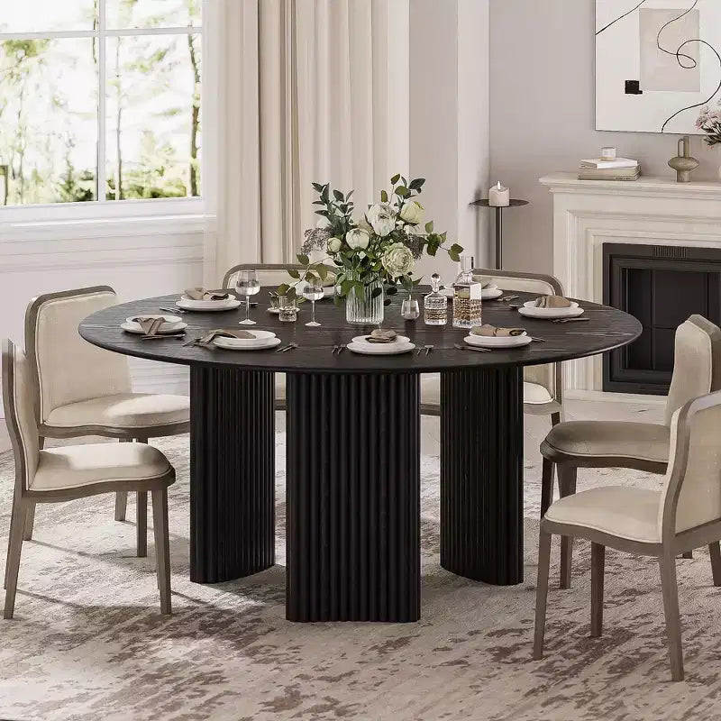 Mesa de comedor redonda moderna de 60" con patas de columna a rayas, mesa de cocina de madera maciza, almohadillas antiarañazos para comedor y barra de cocina en negro