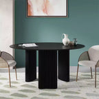 Mesa de comedor redonda moderna de 60" con patas de columna a rayas, mesa de cocina de madera maciza, almohadillas antiarañazos para comedor y barra de cocina en negro
