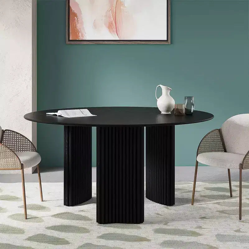 Mesa de comedor redonda moderna de 60" con patas de columna a rayas, mesa de cocina de madera maciza, almohadillas antiarañazos para comedor y barra de cocina en negro