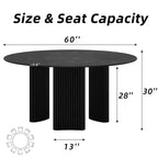 Mesa de comedor redonda moderna de 60" con patas de columna a rayas, mesa de cocina de madera maciza, almohadillas antiarañazos para comedor y barra de cocina en negro