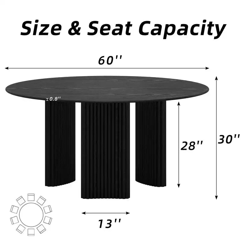 Mesa de comedor redonda moderna de 60" con patas de columna a rayas, mesa de cocina de madera maciza, almohadillas antiarañazos para comedor y barra de cocina en negro