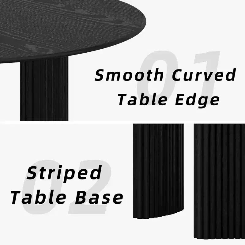Mesa de comedor redonda moderna de 60" con patas de columna a rayas, mesa de cocina de madera maciza, almohadillas antiarañazos para comedor y barra de cocina en negro