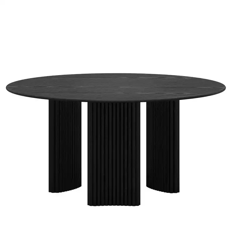 Mesa de comedor redonda moderna de 60" con patas de columna a rayas, mesa de cocina de madera maciza, almohadillas antiarañazos para comedor y barra de cocina en negro