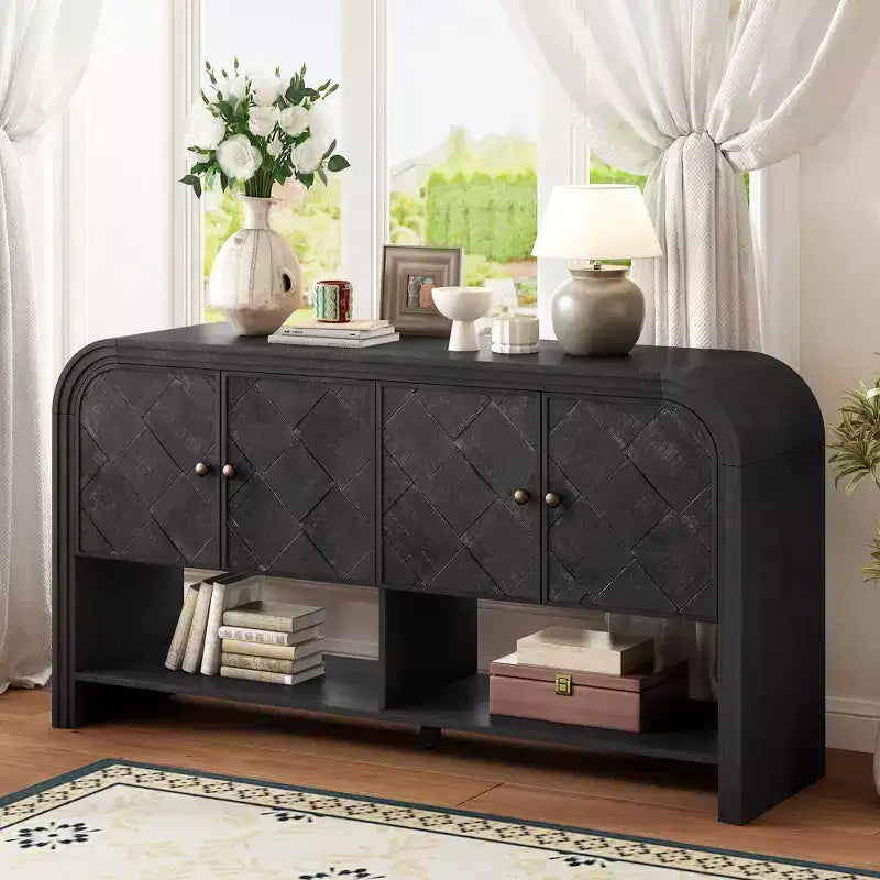 Mesa Consola de Madera con Gabinete de Almacenamiento, Mesa de Entrada Moderna con Diseño de Listones de Madera Trenzados para Sala de Estar y Entrada