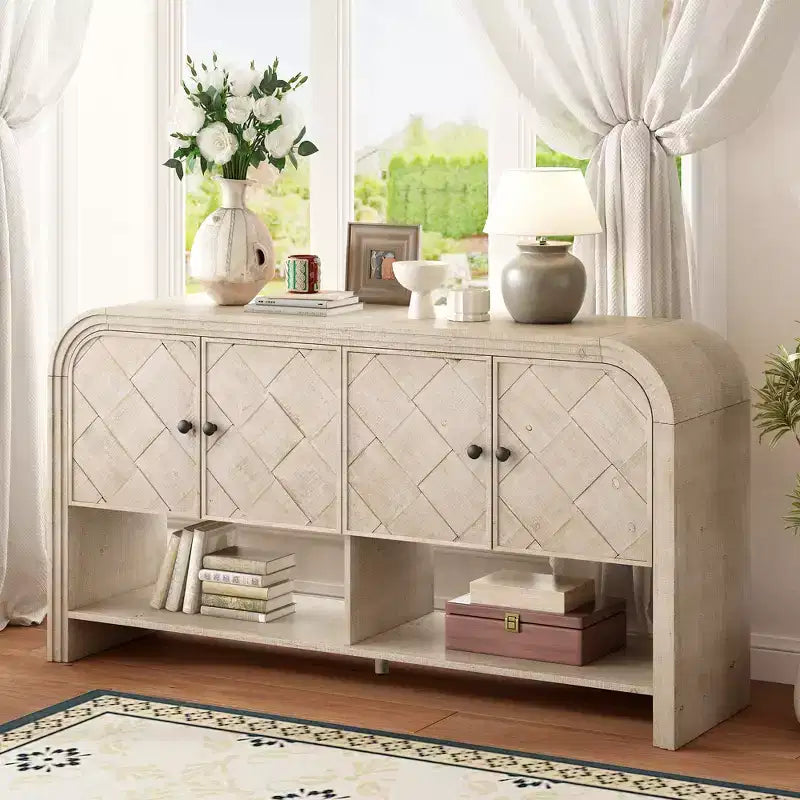 Mesa Consola de Madera con Gabinete de Almacenamiento, Mesa de Entrada Moderna con Diseño de Listones de Madera Trenzados para Sala de Estar y Entrada