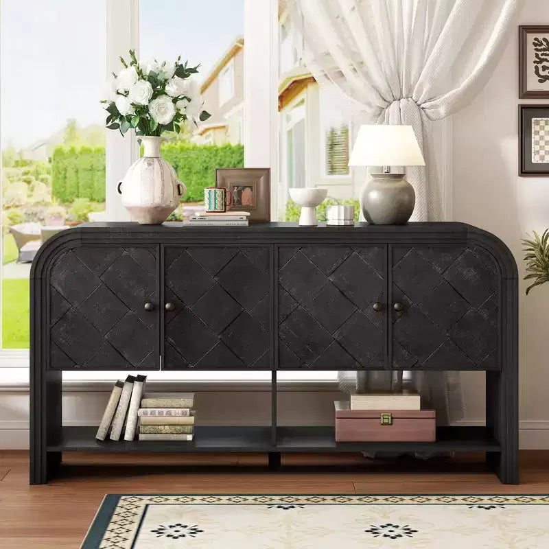 Mesa Consola de Madera con Gabinete de Almacenamiento, Mesa de Entrada Moderna con Diseño de Listones de Madera Trenzados para Sala de Estar y Entrada