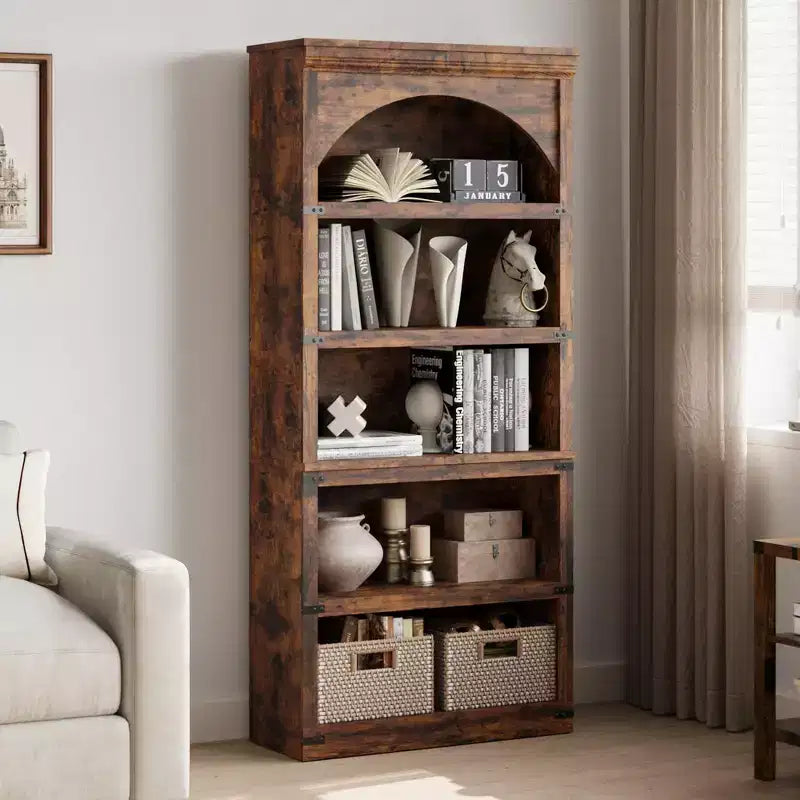 Estantería alta arqueada, librería estilo rústico de 5 niveles, veta de madera, 40"An x 68.7"Al