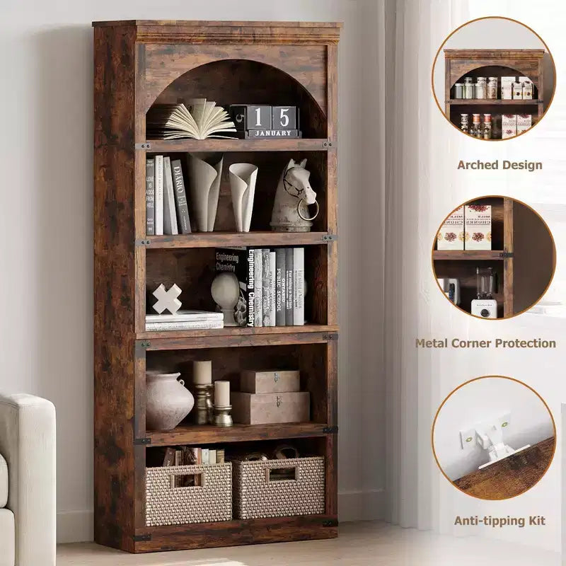 Estantería alta arqueada, librería estilo rústico de 5 niveles, veta de madera, 40"An x 68.7"Al