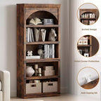 Estantería alta arqueada, librería estilo rústico de 5 niveles, veta de madera, 40"An x 68.7"Al