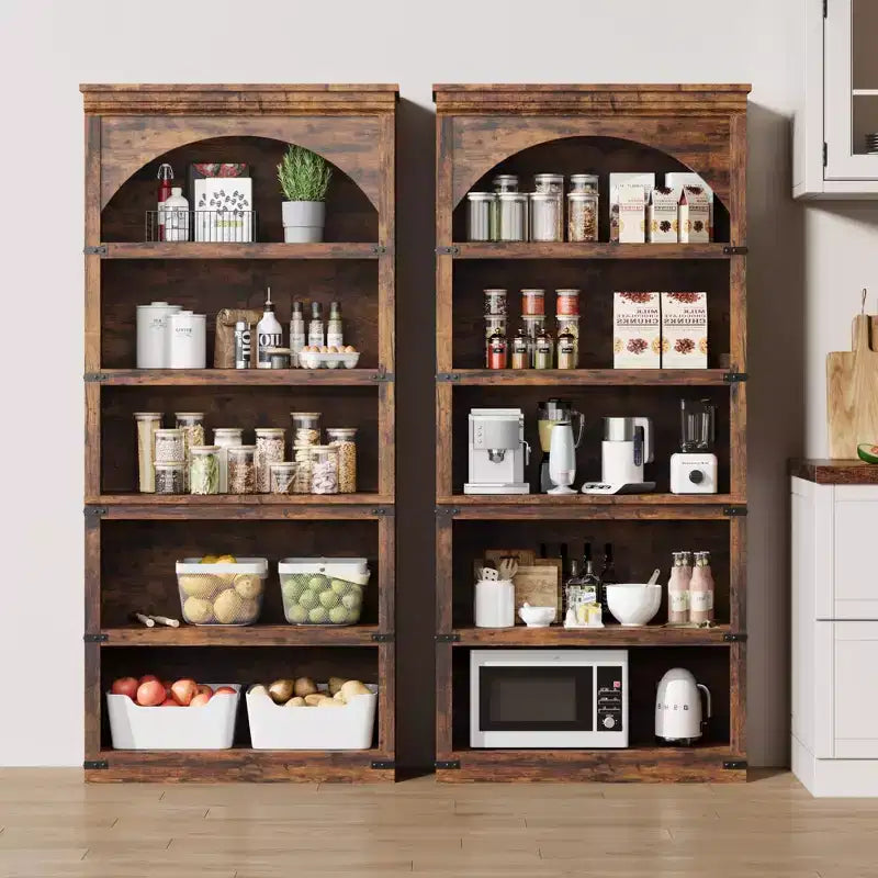 Estantería alta arqueada, librería estilo rústico de 5 niveles, veta de madera, 40"An x 68.7"Al