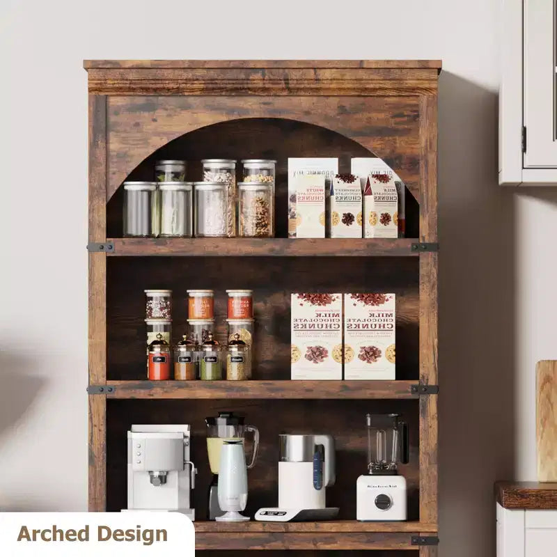 Estantería alta arqueada, librería estilo rústico de 5 niveles, veta de madera, 40"An x 68.7"Al