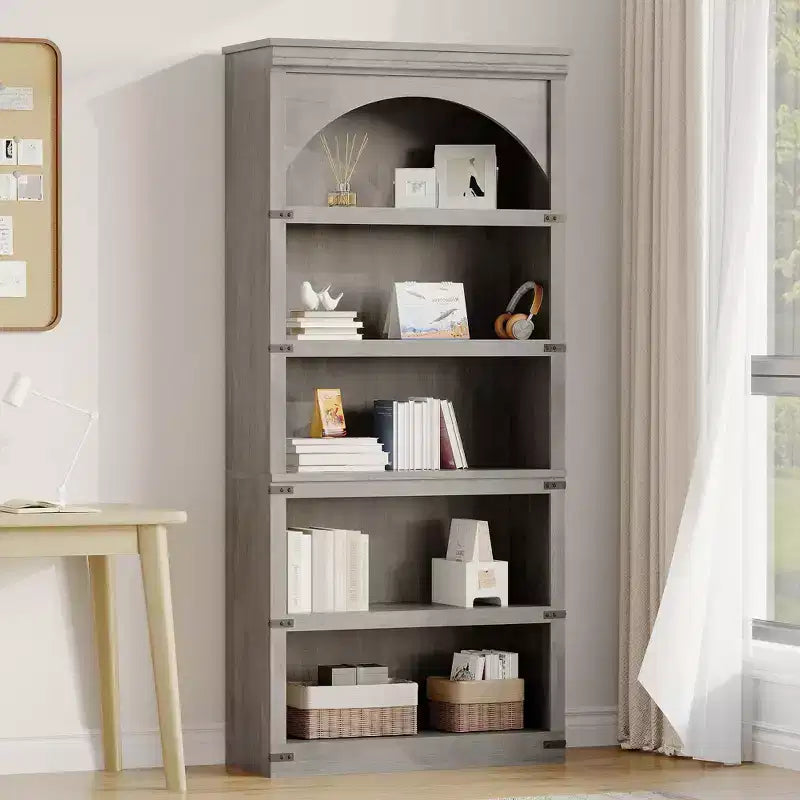Estantería alta arqueada, librería estilo rústico de 5 niveles, veta de madera, 40"An x 68.7"Al