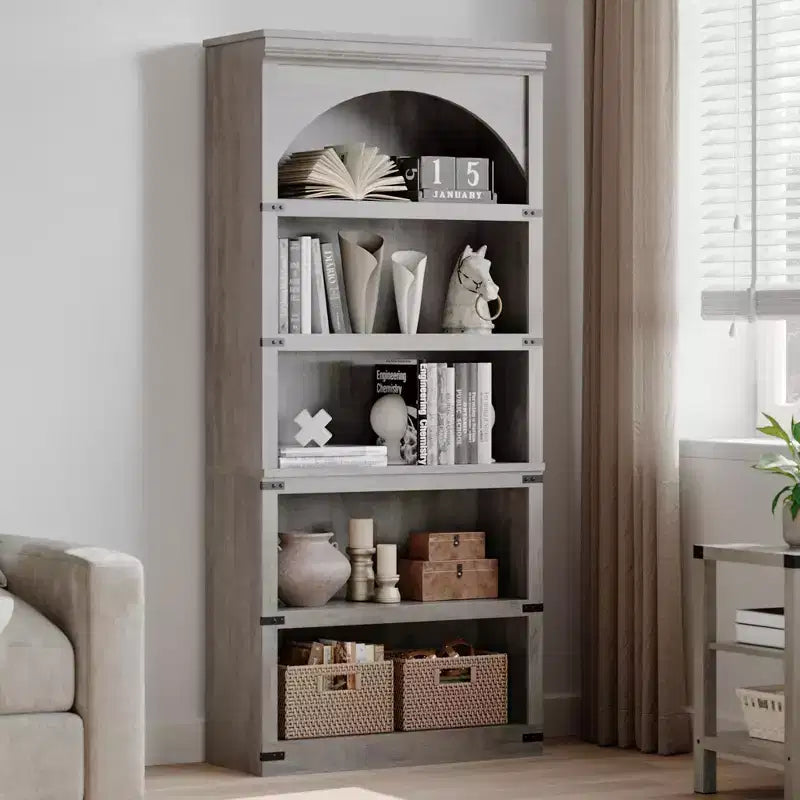 Estantería alta arqueada, librería estilo rústico de 5 niveles, veta de madera, 40"An x 68.7"Al