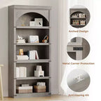 Estantería alta arqueada, librería estilo rústico de 5 niveles, veta de madera, 40"An x 68.7"Al
