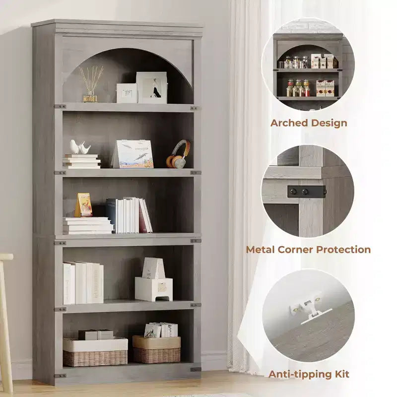 Estantería alta arqueada, librería estilo rústico de 5 niveles, veta de madera, 40"An x 68.7"Al