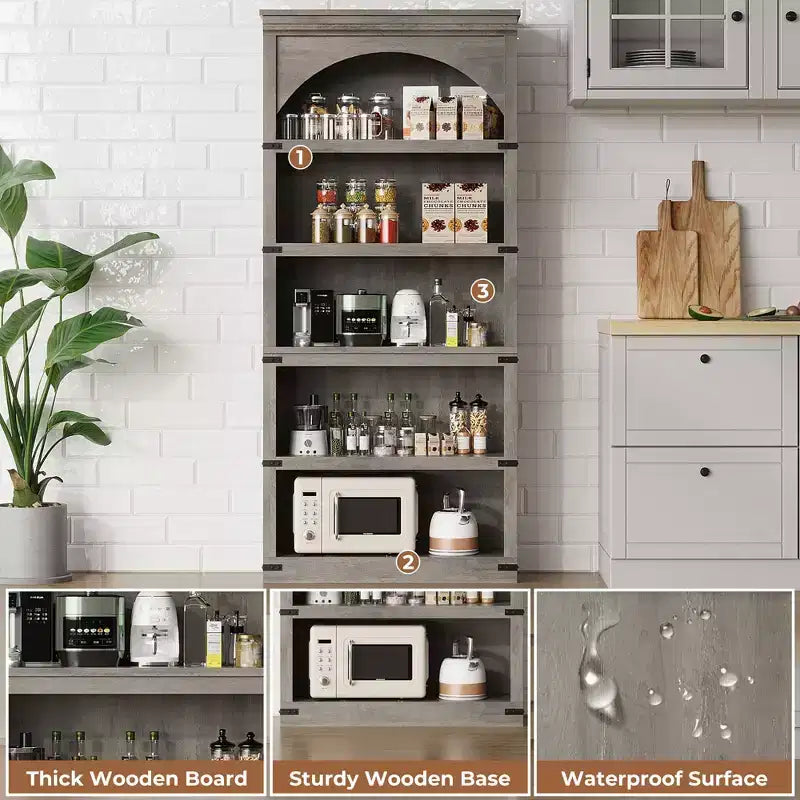 Estantería alta arqueada, librería estilo rústico de 5 niveles, veta de madera, 40"An x 68.7"Al