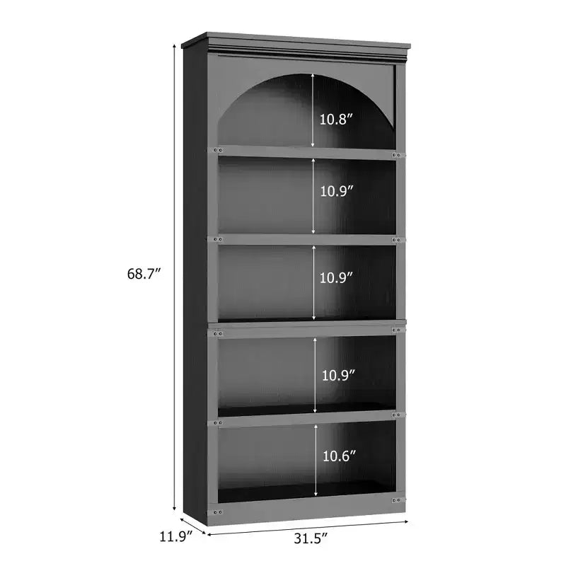 Estantería alta arqueada, librería estilo rústico de 5 niveles, veta de madera, 40"An x 68.7"Al
