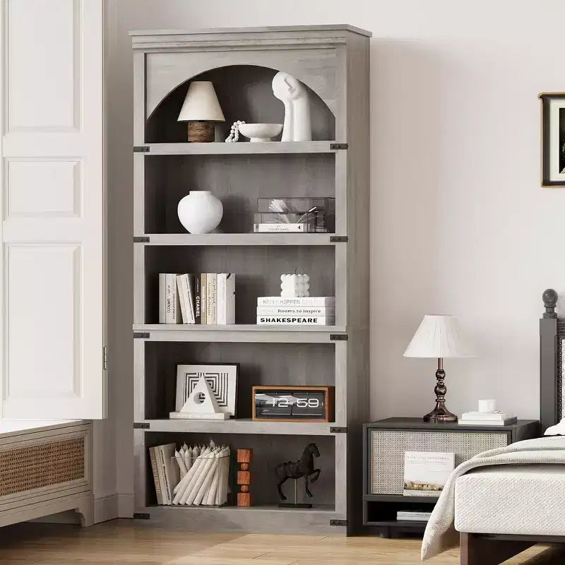 Estantería alta arqueada, librería estilo rústico de 5 niveles, veta de madera, 40"An x 68.7"Al