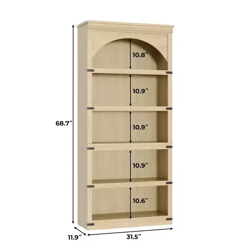 Estantería alta arqueada, librería estilo rústico de 5 niveles, veta de madera, 40"An x 68.7"Al
