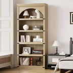 Estantería alta arqueada, librería estilo rústico de 5 niveles, veta de madera, 40"An x 68.7"Al