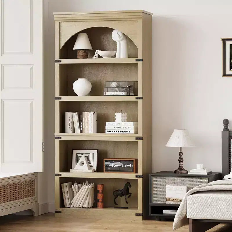 Estantería alta arqueada, librería estilo rústico de 5 niveles, veta de madera, 40"An x 68.7"Al