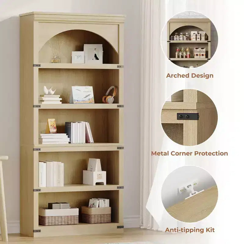 Estantería alta arqueada, librería estilo rústico de 5 niveles, veta de madera, 40"An x 68.7"Al