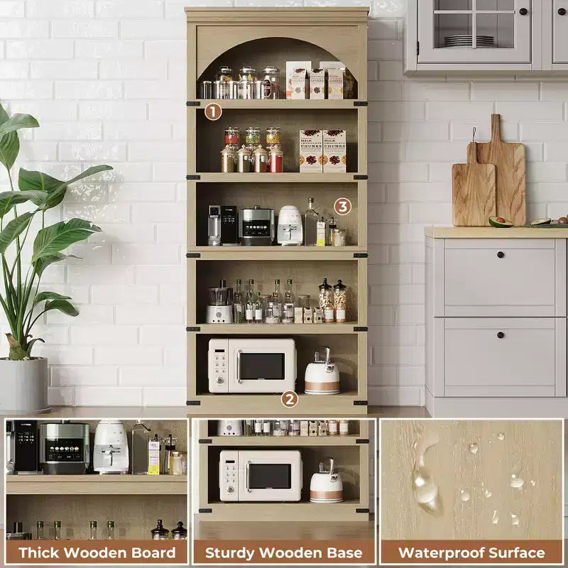 Estantería alta arqueada, librería estilo rústico de 5 niveles, veta de madera, 40"An x 68.7"Al