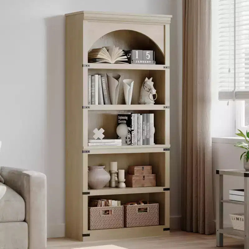 Estantería alta arqueada, librería estilo rústico de 5 niveles, veta de madera, 40"An x 68.7"Al