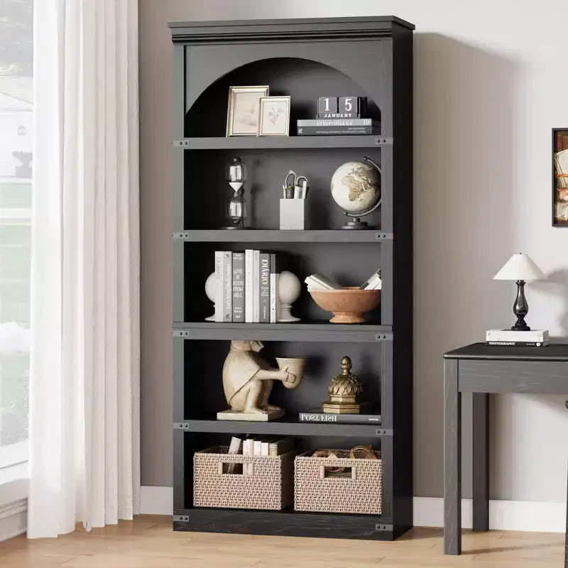 Estantería alta arqueada, librería estilo rústico de 5 niveles, veta de madera, 40"An x 68.7"Al