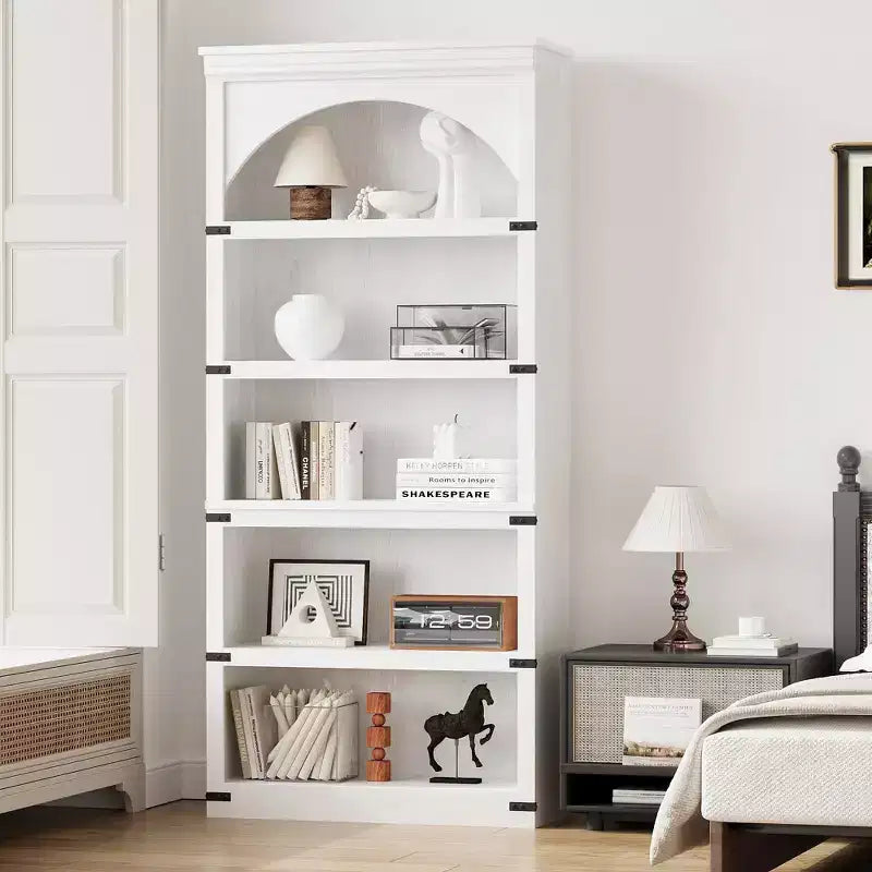 Estantería alta arqueada, librería estilo rústico de 5 niveles, veta de madera, 40"An x 68.7"Al