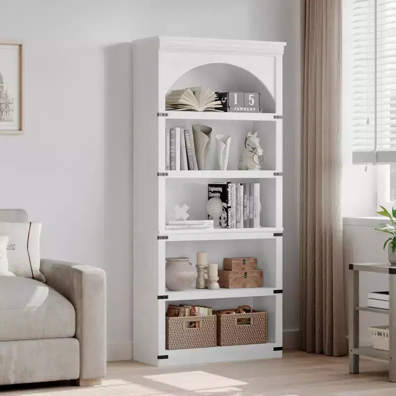 Estantería alta arqueada, librería estilo rústico de 5 niveles, veta de madera, 40"An x 68.7"Al