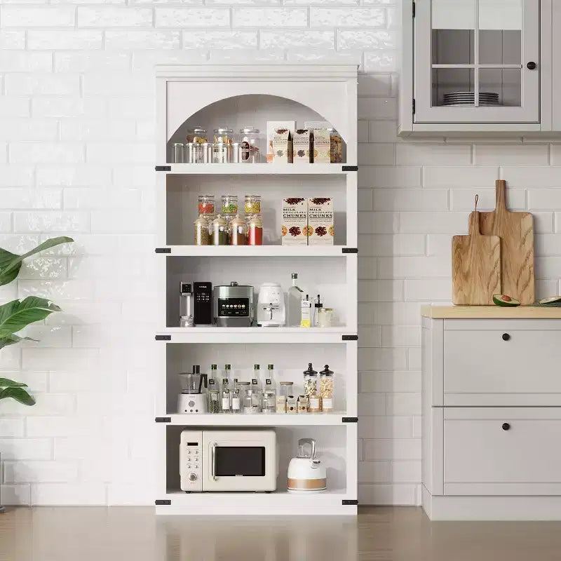 Estantería alta arqueada, librería estilo rústico de 5 niveles, veta de madera, 40"An x 68.7"Al